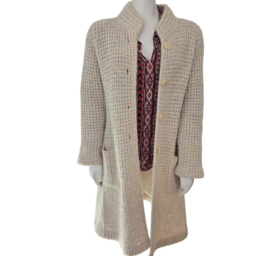 VTG LeRoy Knitwear Cardigan Sweater Womens Medium Long Mohair Blend Waffle EUC